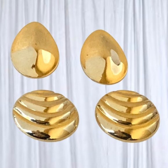 Gold Tone Pierced Stylish Statement Vintage Earrings Shiny Posts Lot of 2 - Picture 3 of 9